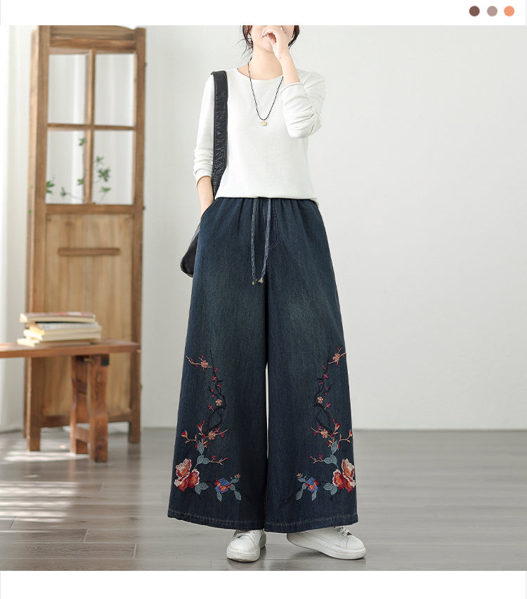 Women's Baggy Wide Leg Jeans Embroidery Pants