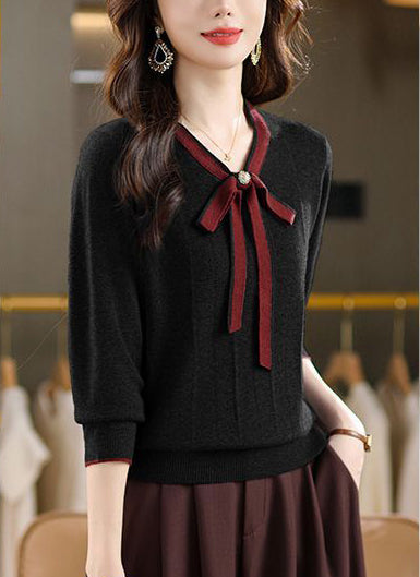 Vintage Bow Collar Knit Sweater Long Sleeve Pullover Top