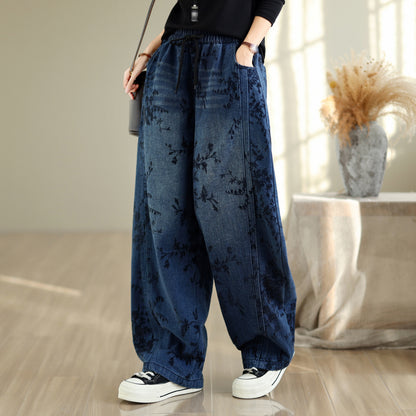 28671-Vintage Floral Print Denim Wide Leg Pants with Drawstring Waist