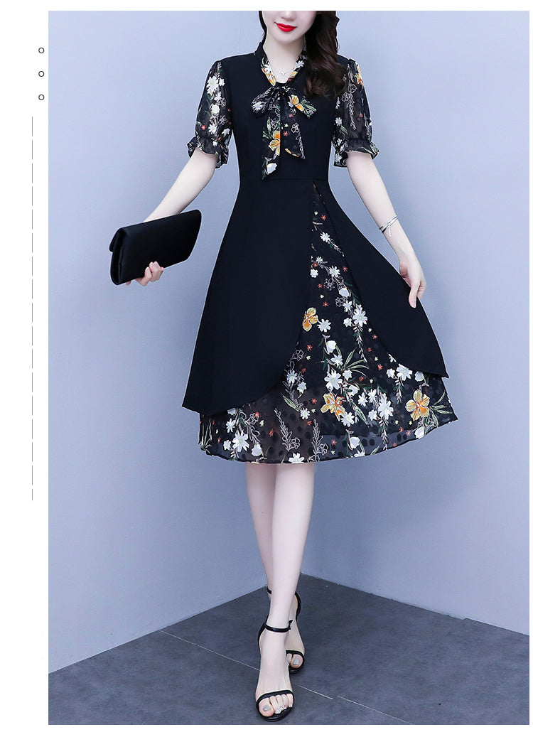 Women's Tie V-Neck Short Sleeve A-line Midi Dress