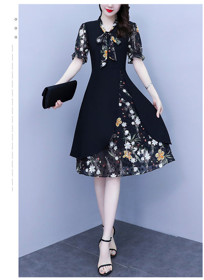 Women's Tie V-Neck Short Sleeve A-line Midi Dress