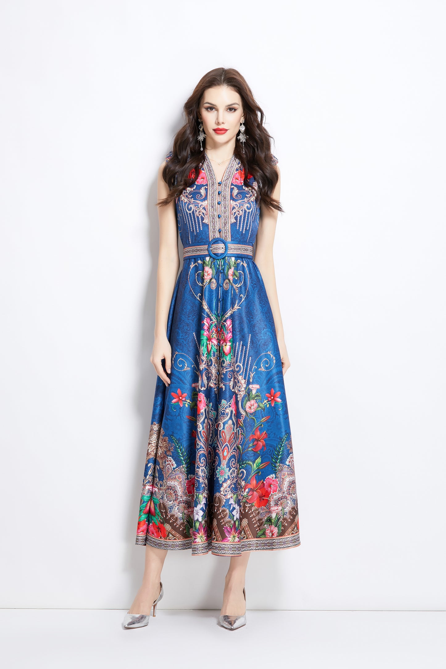 Women's Floral Print V-Neck Sleeveless Maxi Dress