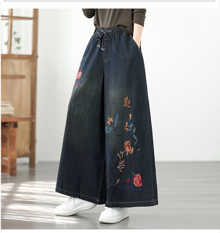 Women's Baggy Jeans Embroidery Wide Leg Denim