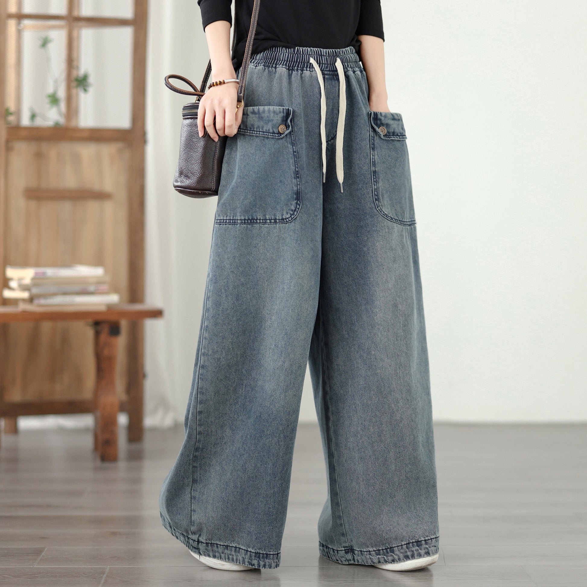 Jeans for Women Wide Leg Pull On Elastic Waist Denim - LAI MENG FIVE CATS