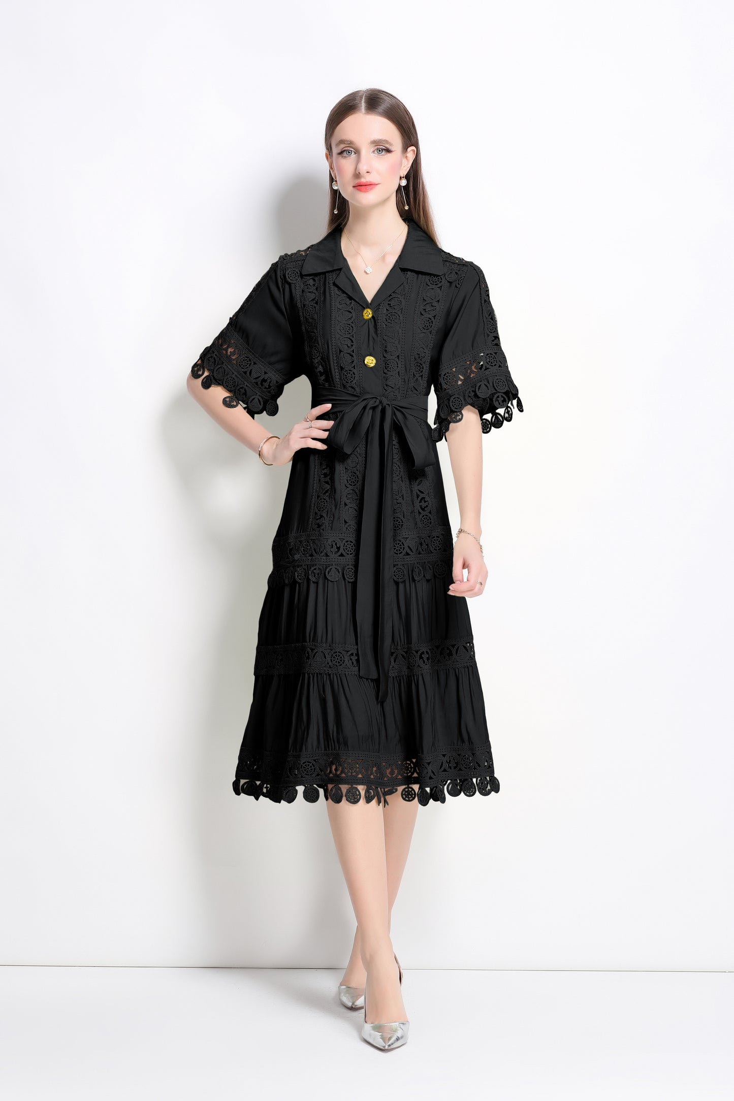 Women's Lace Lapel V-Neck Short Sleeve Midi Dress