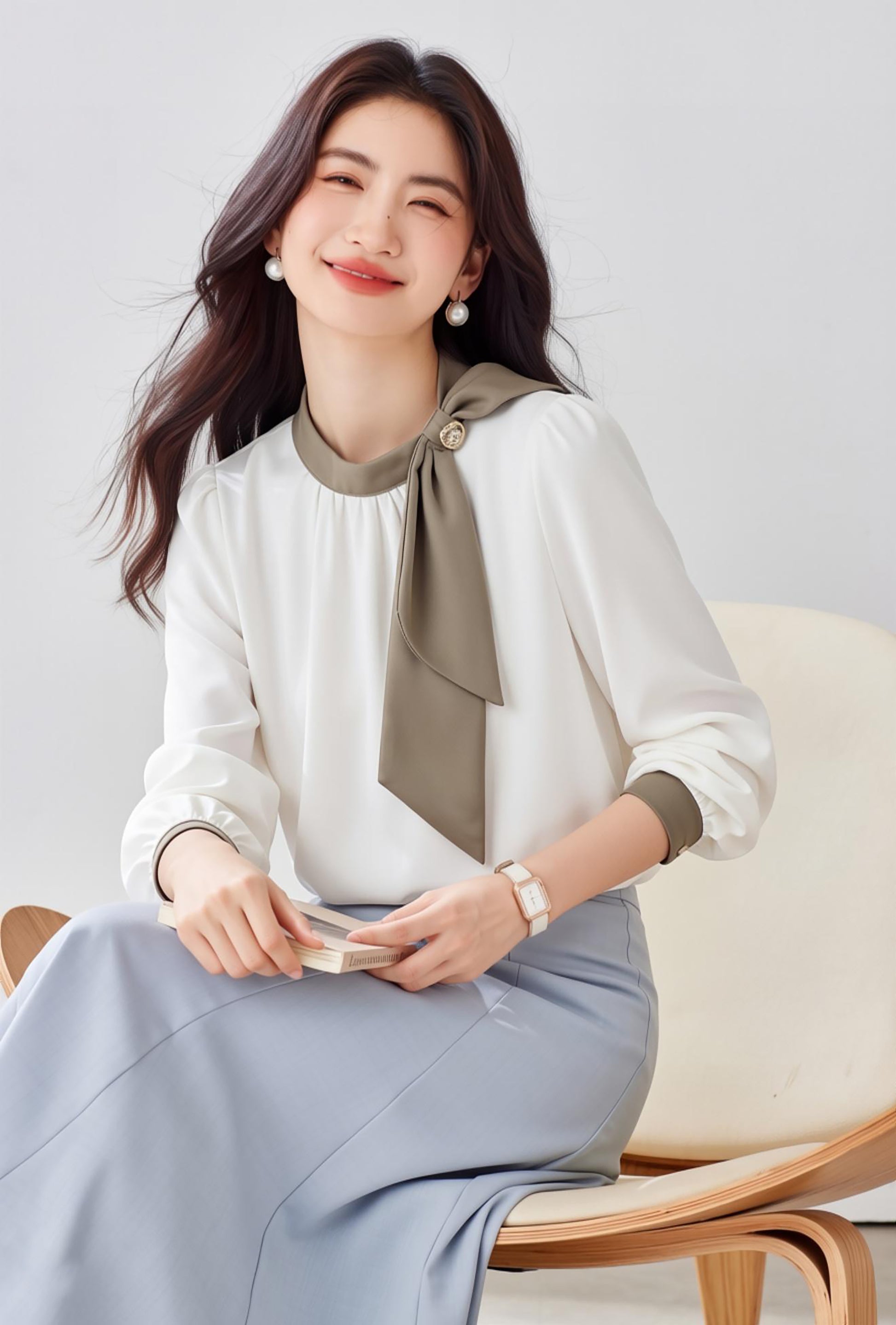 Women's Silk Satin Shirt Tie Neck Long Sleeve Top - LAI MENG FIVE CATS