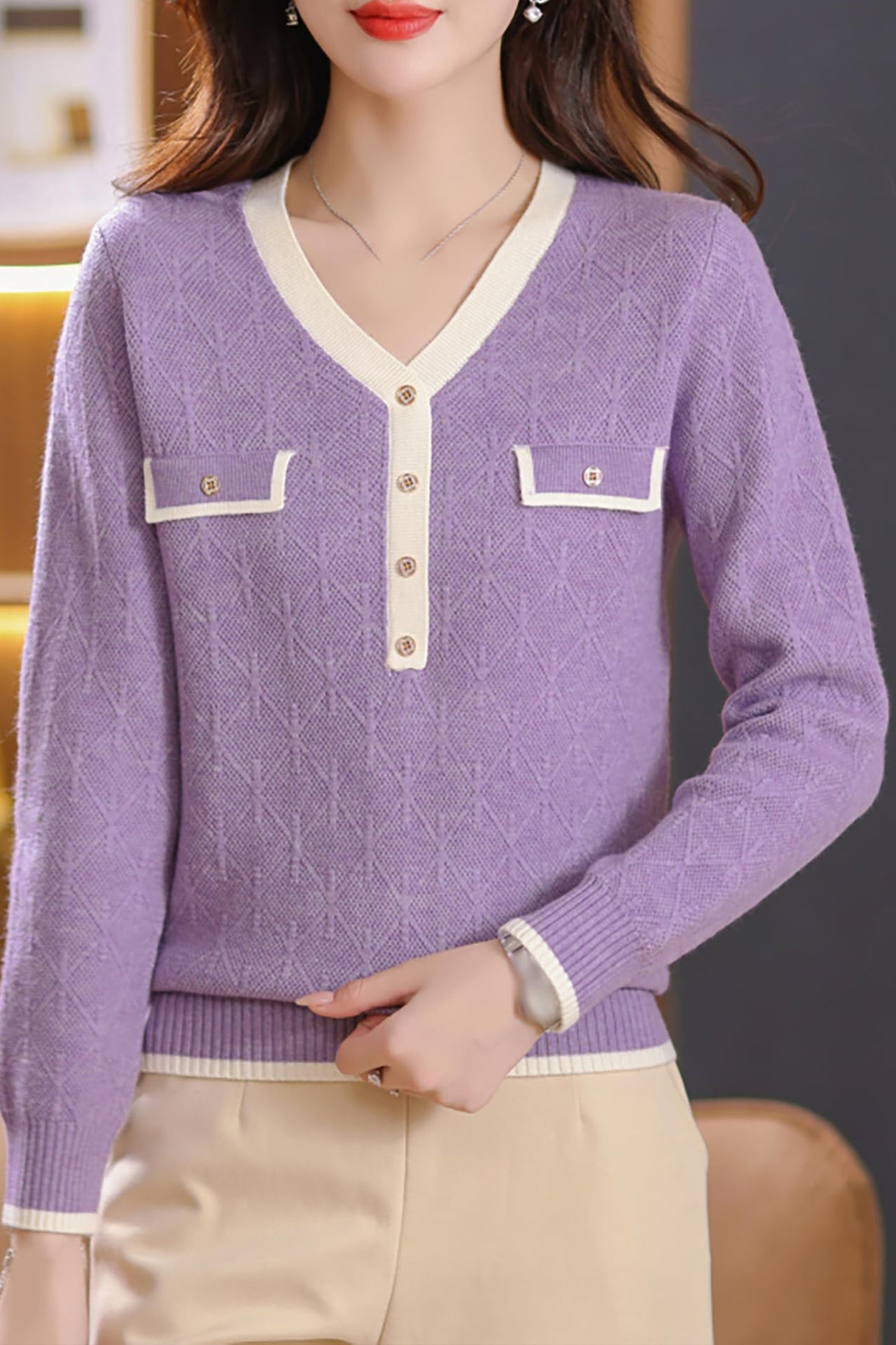 Knit Solid Color Button Pullover Tops