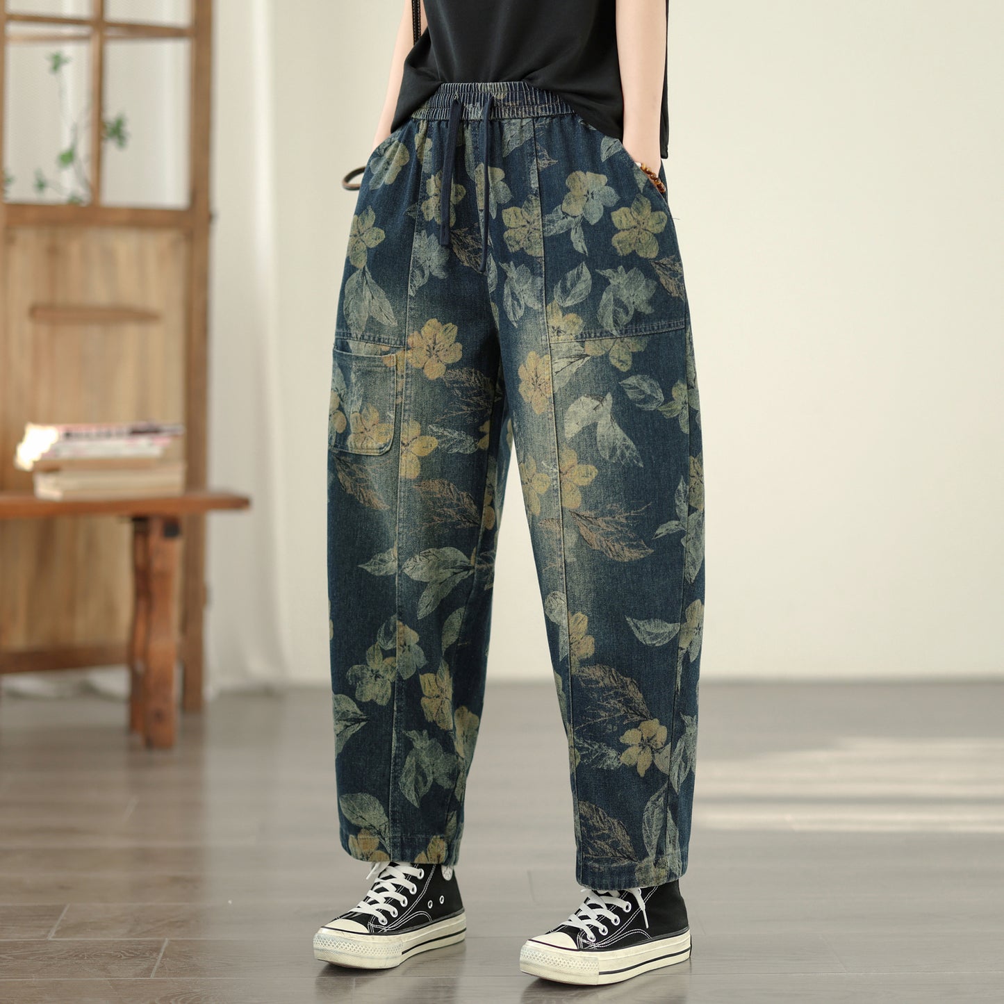 Women's Baggy Jeans Drawstring Elastic Barrel Denim Pants