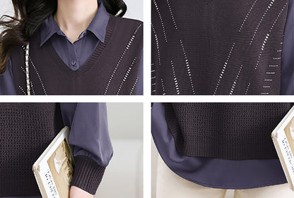 Women's 2-in-1 Layered Knit Vest Top — Shirt Collar with Dotted Trim