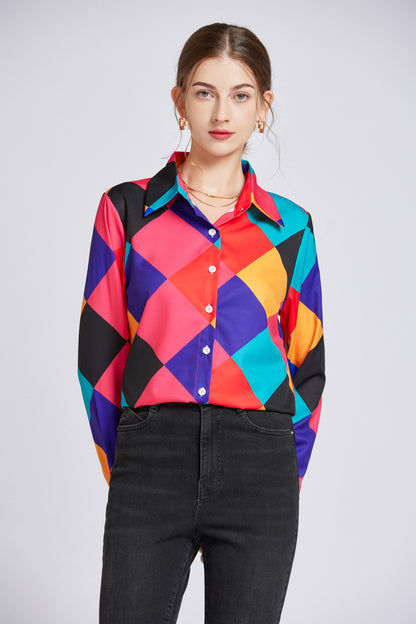 ESY-Women's Shirt Print Long Sleeve Button Blouse