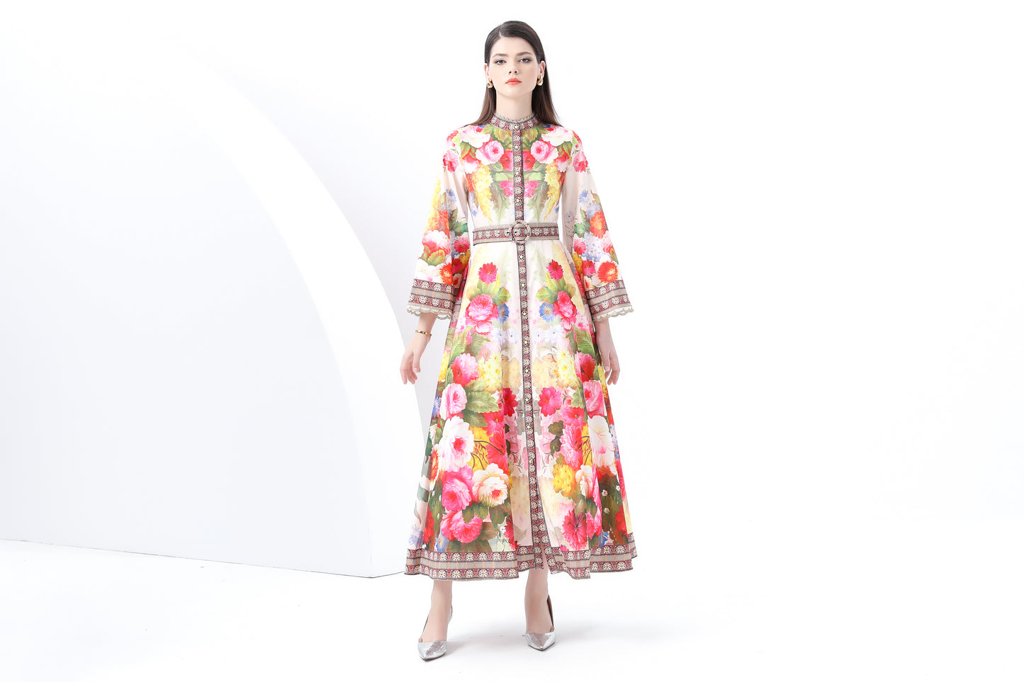 Women's Floral Print Bell Sleeves Maxi Dress