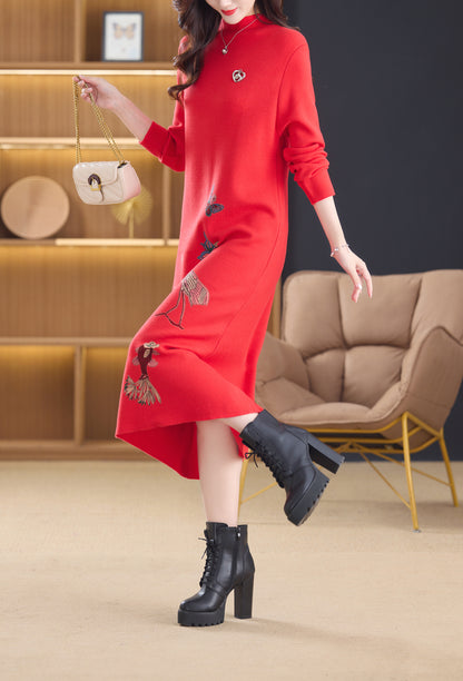 Women's Turtleneck Sweater Long Sleeve Red Dress