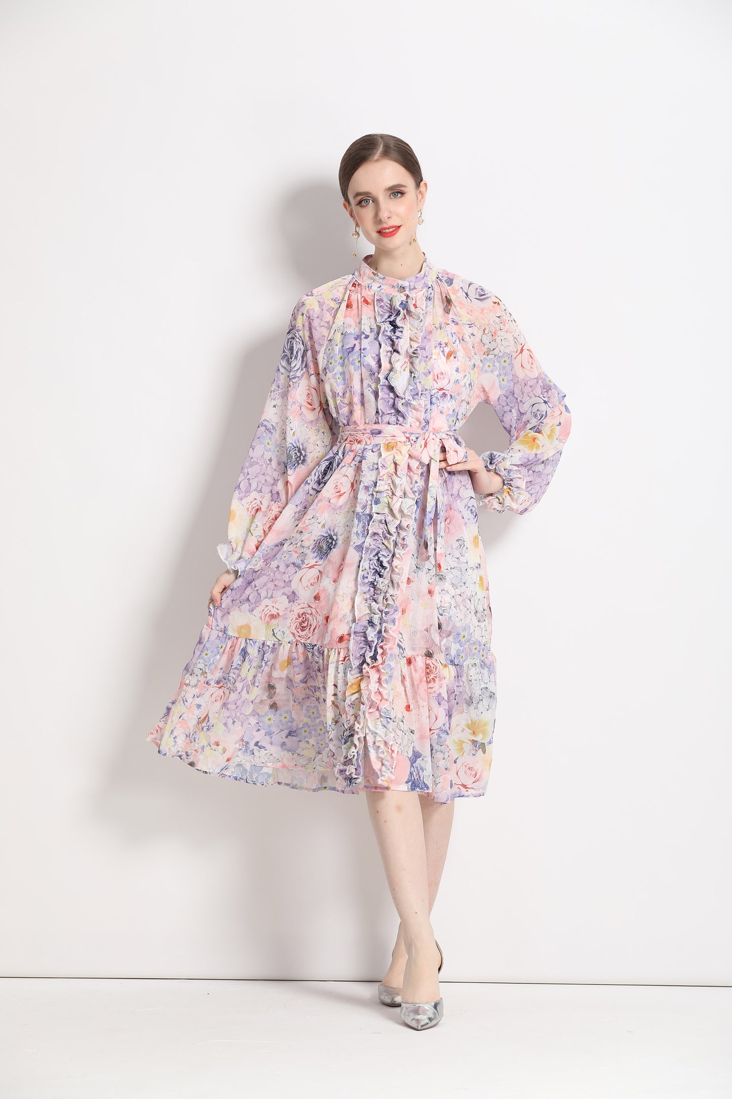 FSY-Women's Floral Puff Sleeve Button Loose Ruffle Midi Dress