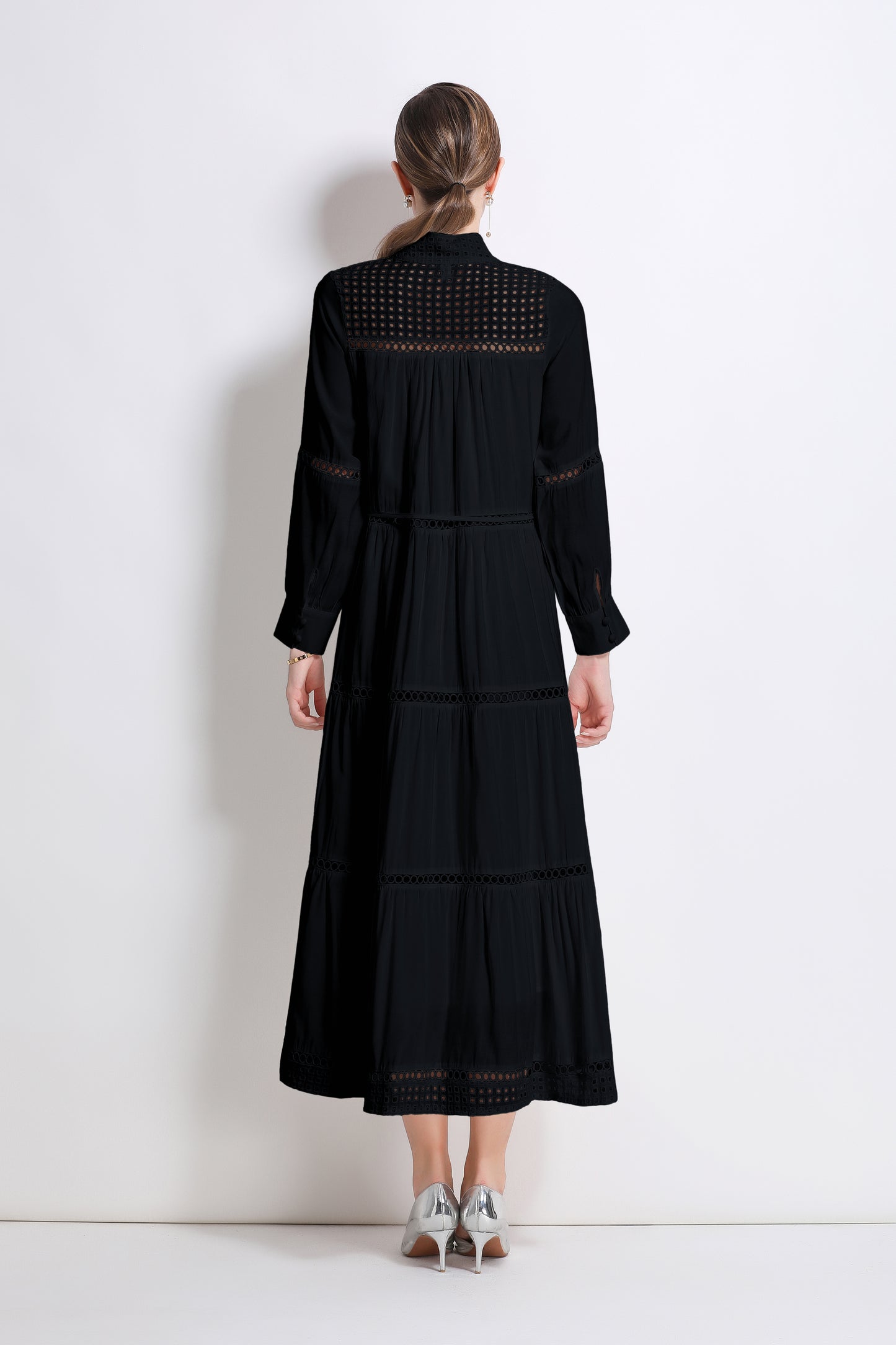 Women's Hollow Out Lace Button Long Sleeve Maxi Dress