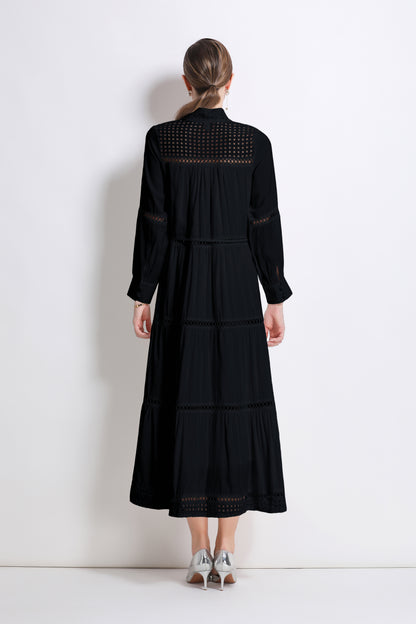 Women's Hollow Out Lace Button Long Sleeve Maxi Dress