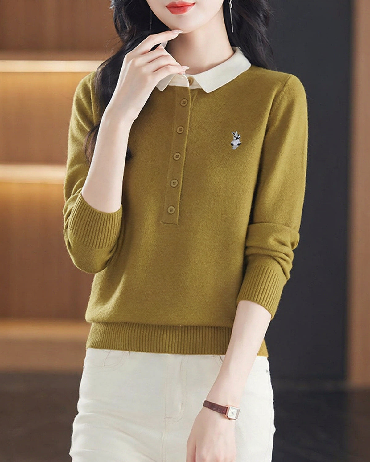 Polo Layered Knit Top with Bunny Embroidery & Contrast Collar