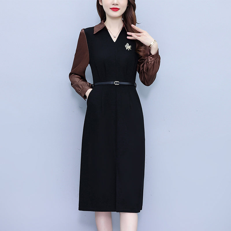 Women's Lapel V-Neck Pocket Long Sleeve Black Dress