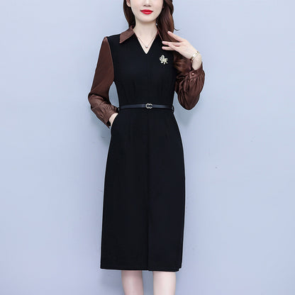 Women's Lapel V-Neck Pocket Long Sleeve Black Dress