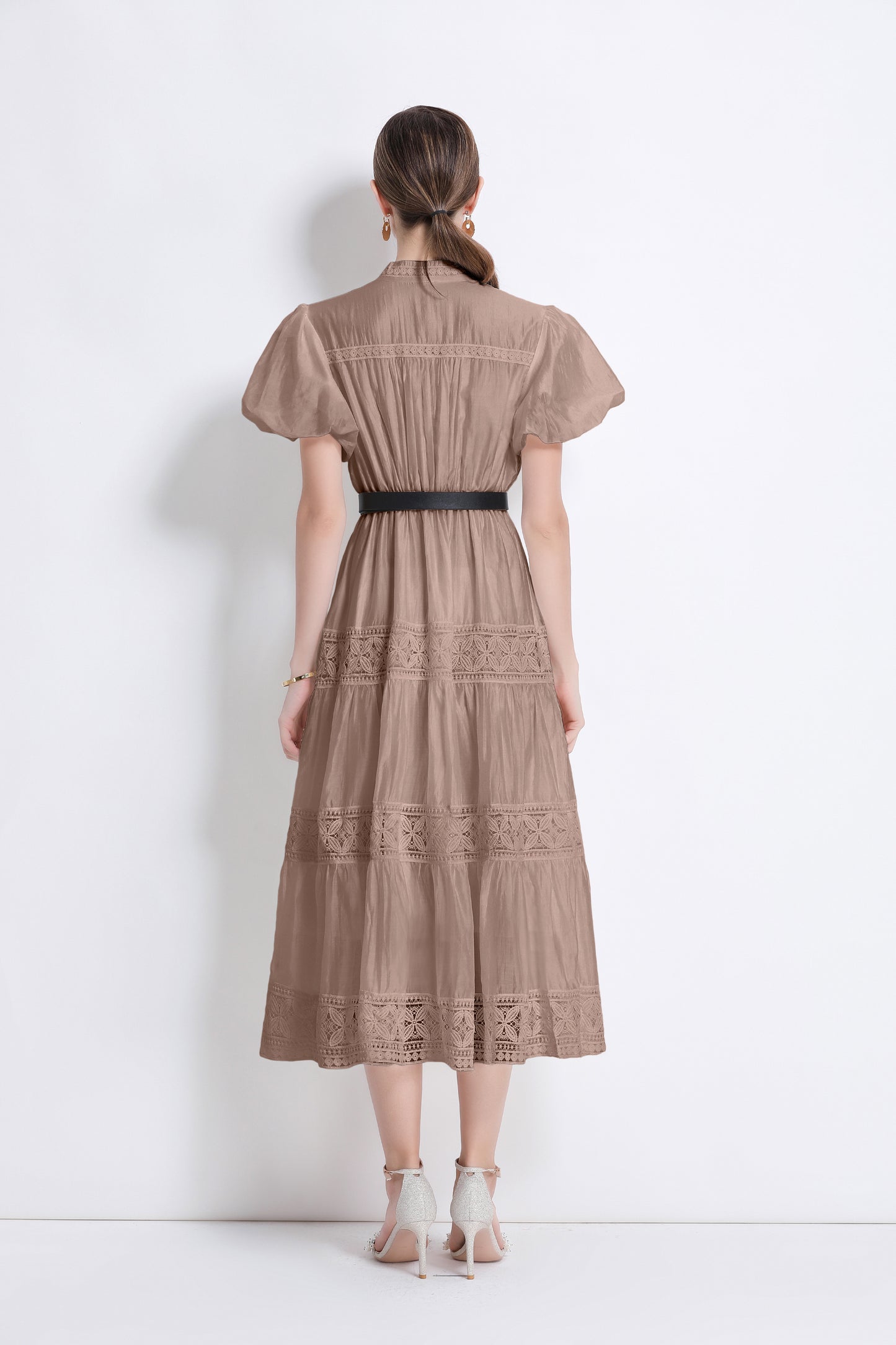 Women's Puff Sleeve Button Lace Midi Dress