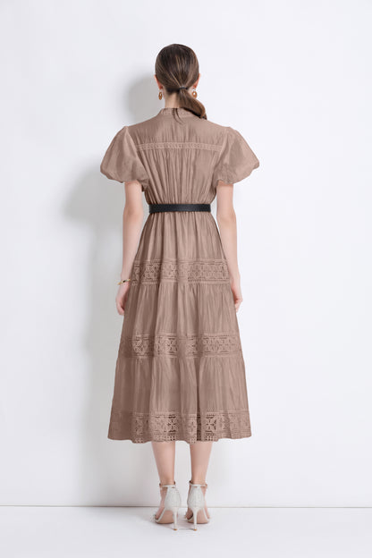 Women's Puff Sleeve Button Lace Midi Dress