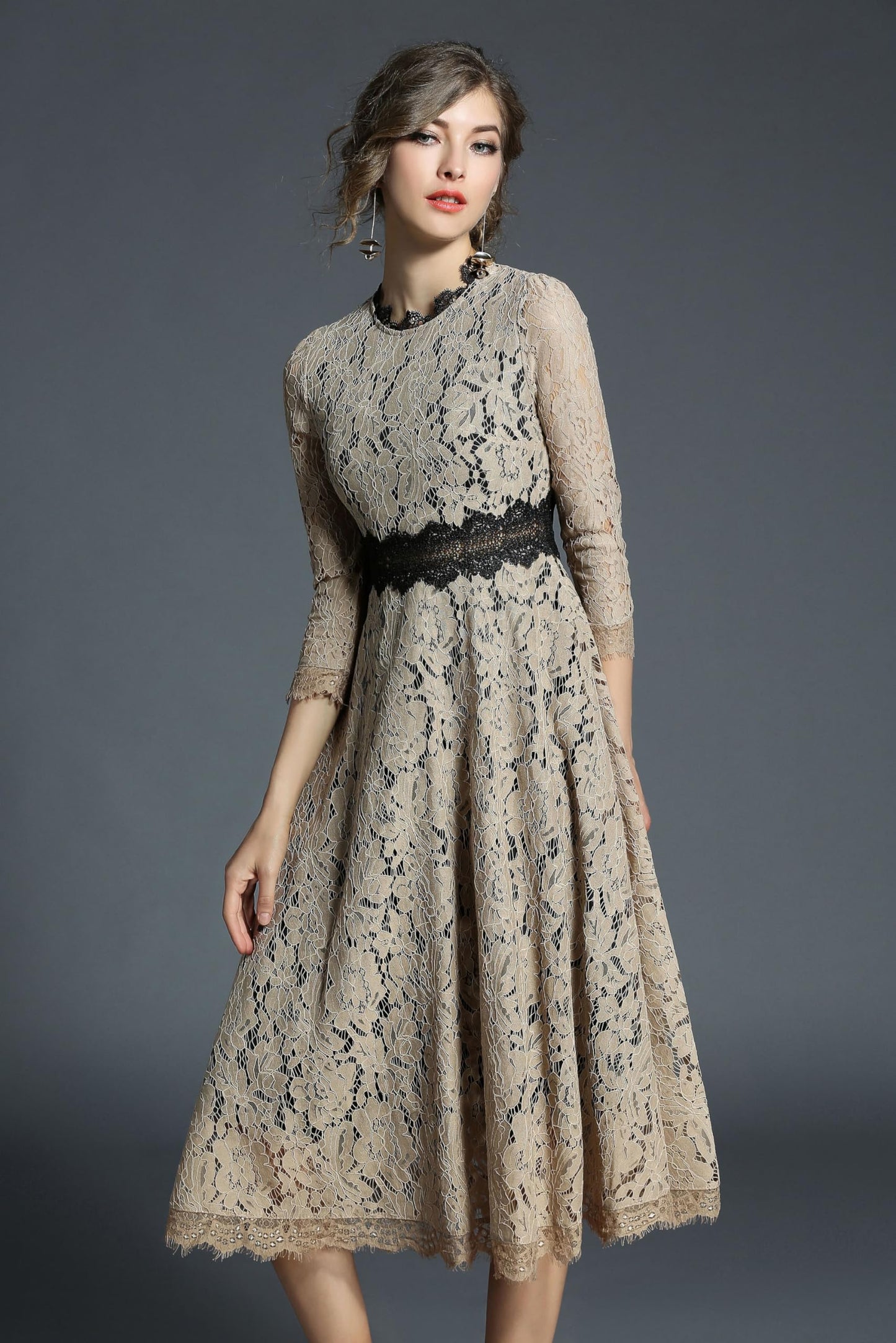 Women's 3/4 Sleeve Floral Lace Cocktail Party Midi Dress