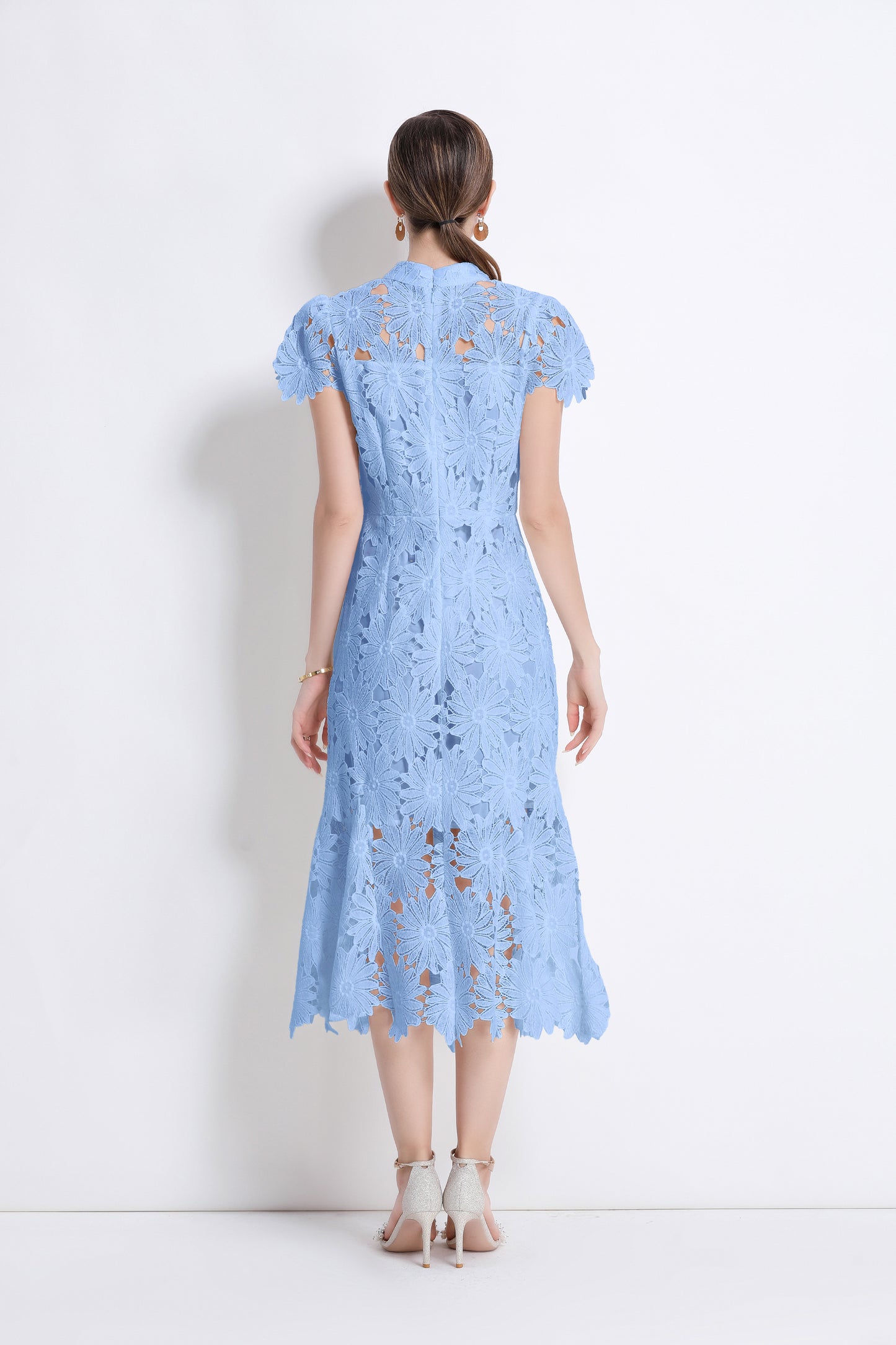 Women Hollow Out Lace Floral Fishtail Midi Dress