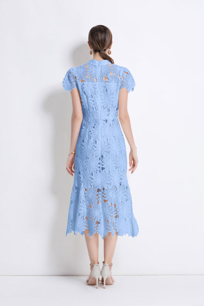 Women Hollow Out Lace Floral Fishtail Midi Dress