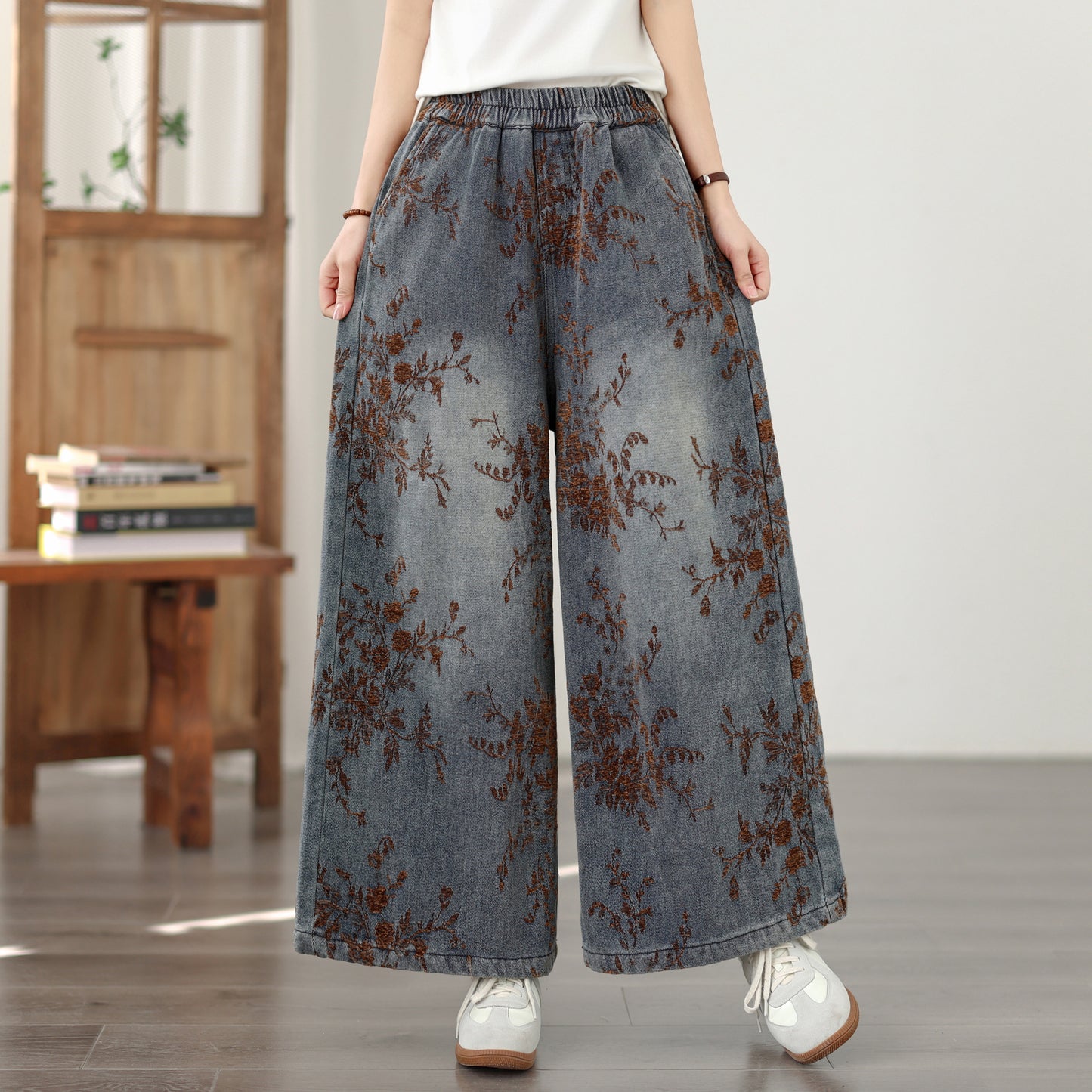 26-Women's Denim Wide Leg Baggy Elastic Waist  Jeans - LAI MENG FIVE CATS