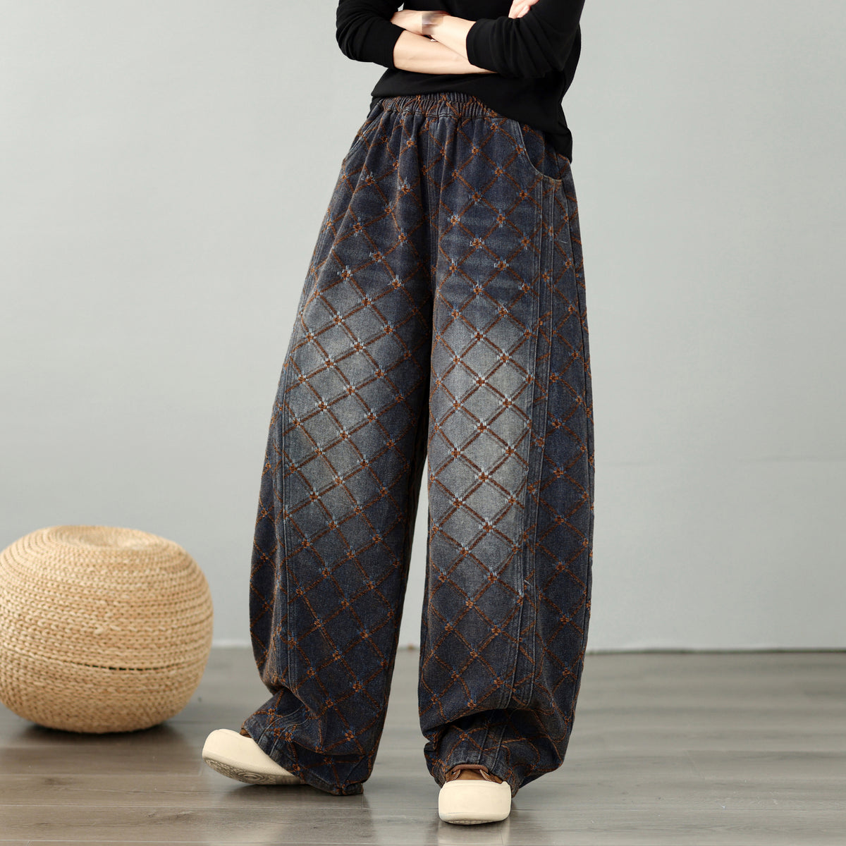 28673-Vintage Plaid Denim Wide Leg Pants with Elastic Waist
