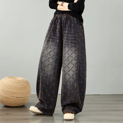 28673-Vintage Plaid Denim Wide Leg Pants with Elastic Waist