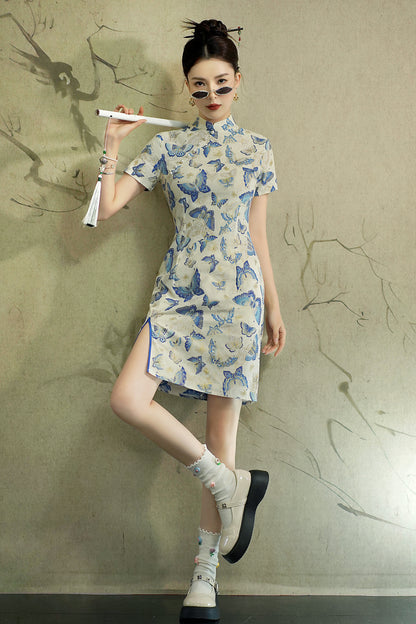 Women's Chinese Cheongsam Print Side Slit Mini Dress