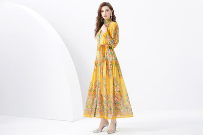 Women Button Up Floral Print Split Maxi Wrap Dress