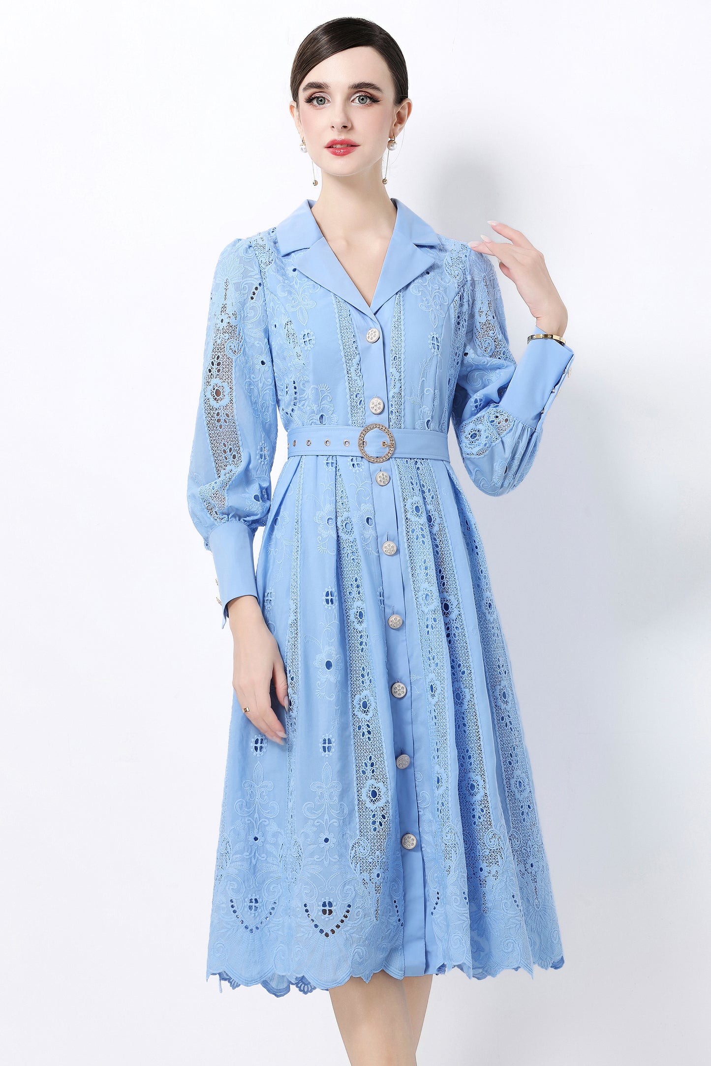 Women's Puff Sleeve Lace Hollow Out Midi Dress