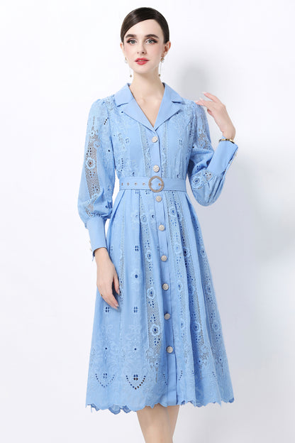 Women's Puff Sleeve Lace Hollow Out Midi Dress