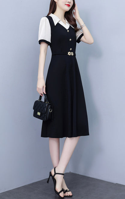Women's Lapel V-Neck Pocket Short Sleeve Midi Dress - LAI MENG FIVE CATS
