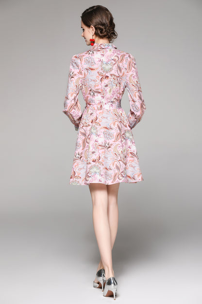 SSY-Women's Long Sleeve Lapel Collar Floral Mini Dress