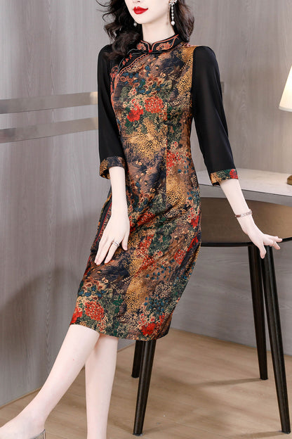 Brown Floral Cheongsam Fake Two Pieces Dress