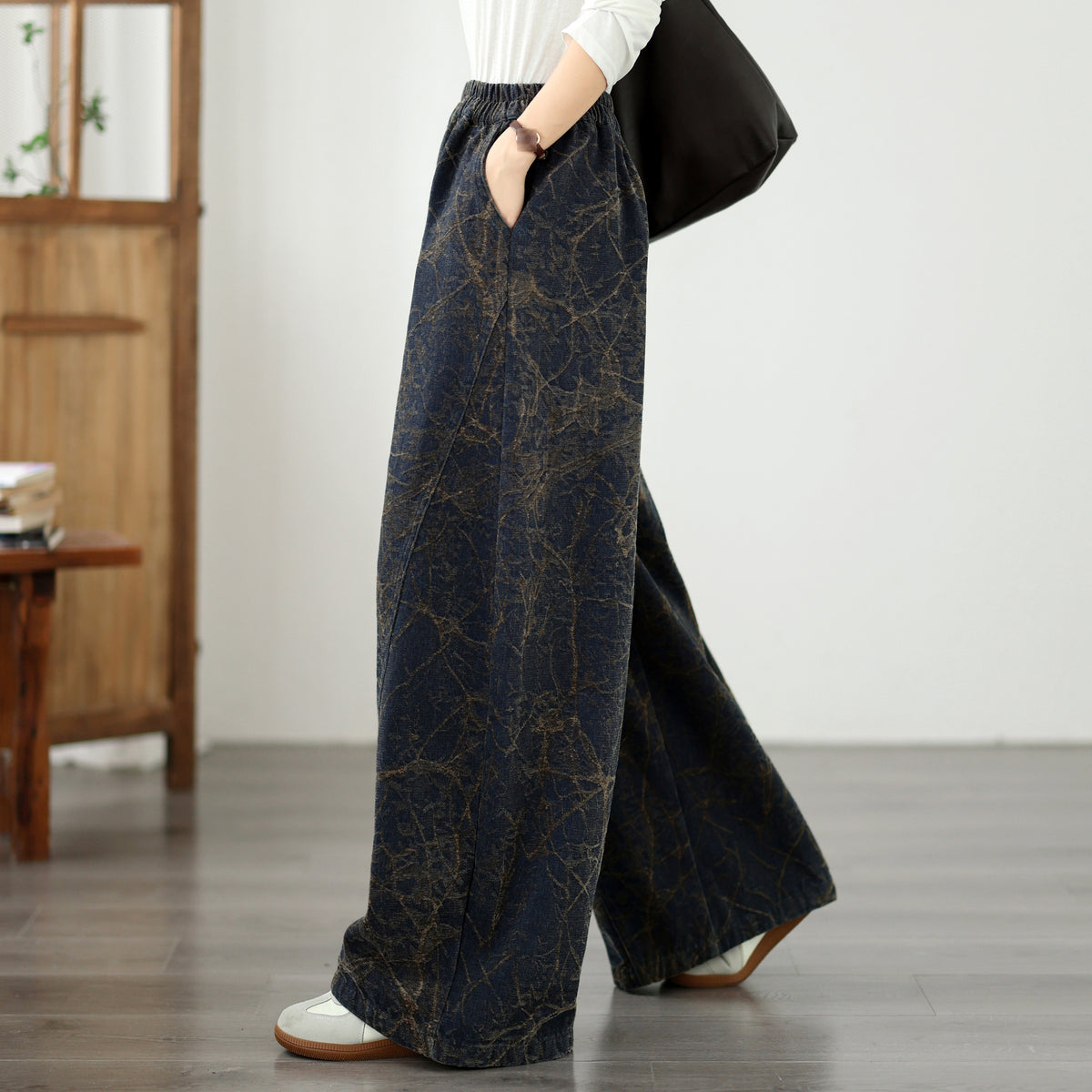 Vintage Dark Denim Wide-Leg Pants | Artistic Crackle Print & Elastic Waist