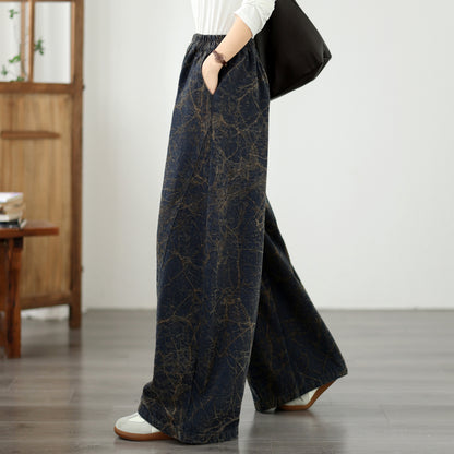 Vintage Dark Denim Wide-Leg Pants | Artistic Crackle Print & Elastic Waist