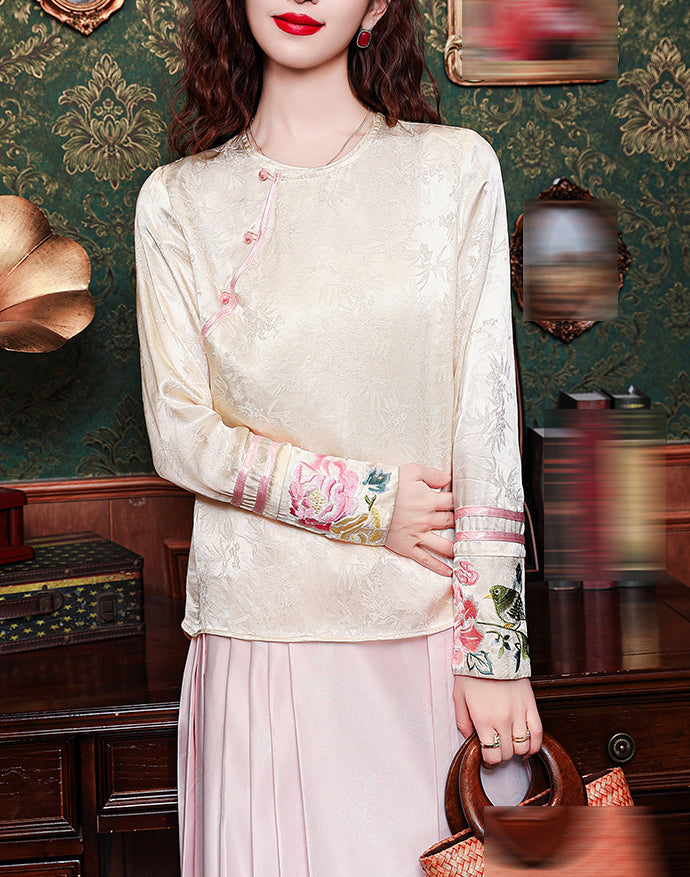 New Chinese Style Jacquard Blouse with Embroidered Cuffs