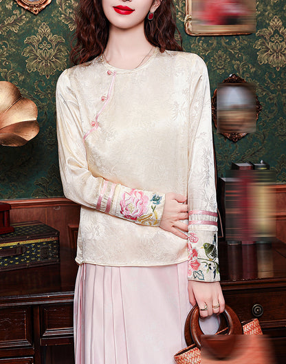 New Chinese Style Jacquard Blouse with Embroidered Cuffs