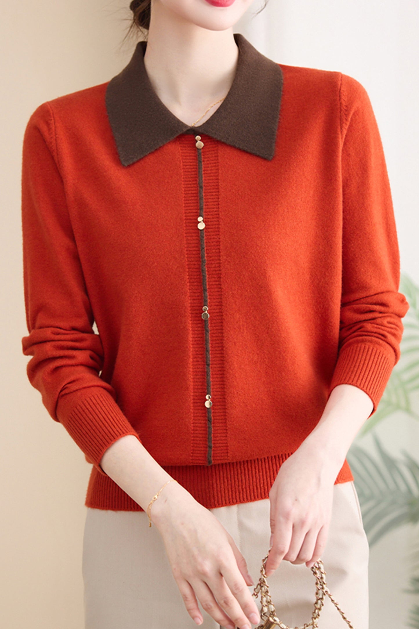 Women's Contrast Collar Cropped Sweater Shirt