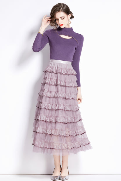 Women's 2 Piece Skirt Set Knit Top Ruffle Layered Skirt