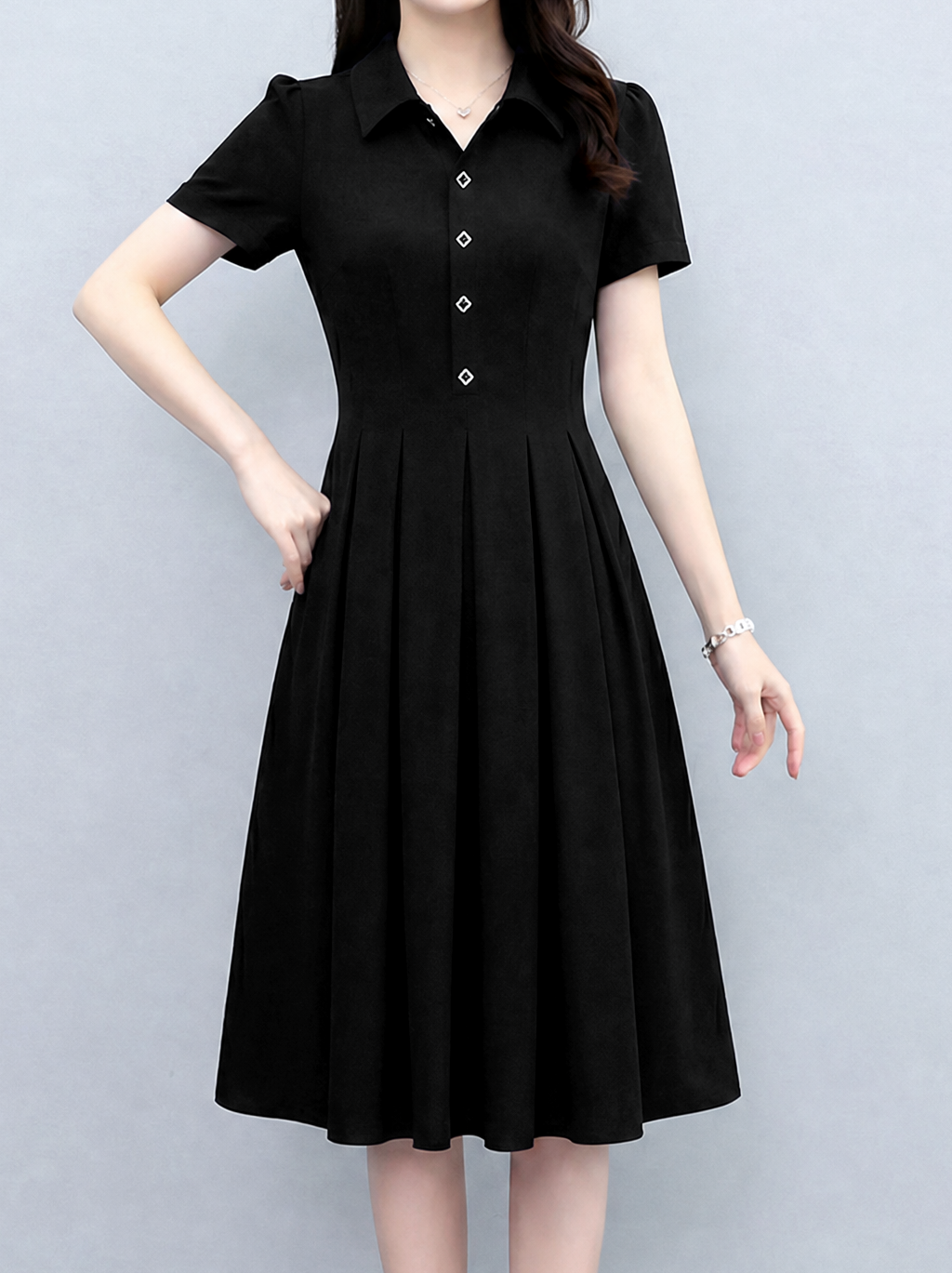 Short Sleeve Stretch Button Front Midi Dress