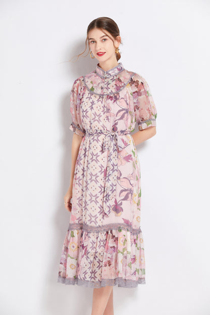 FSY-Women's Chiffon Short Sleeve Floral Ruffle Loose Midi Dress