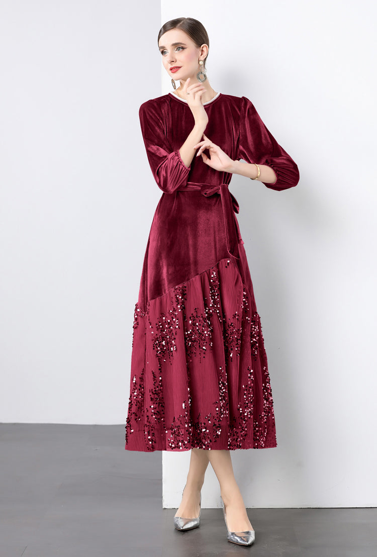 Velvet Lace Patchwork Sequins Midi Dress