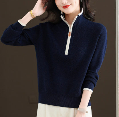 Contrast Collar Half-Zip Knit Sweater – Chic Colorblock Ribbed Pullover