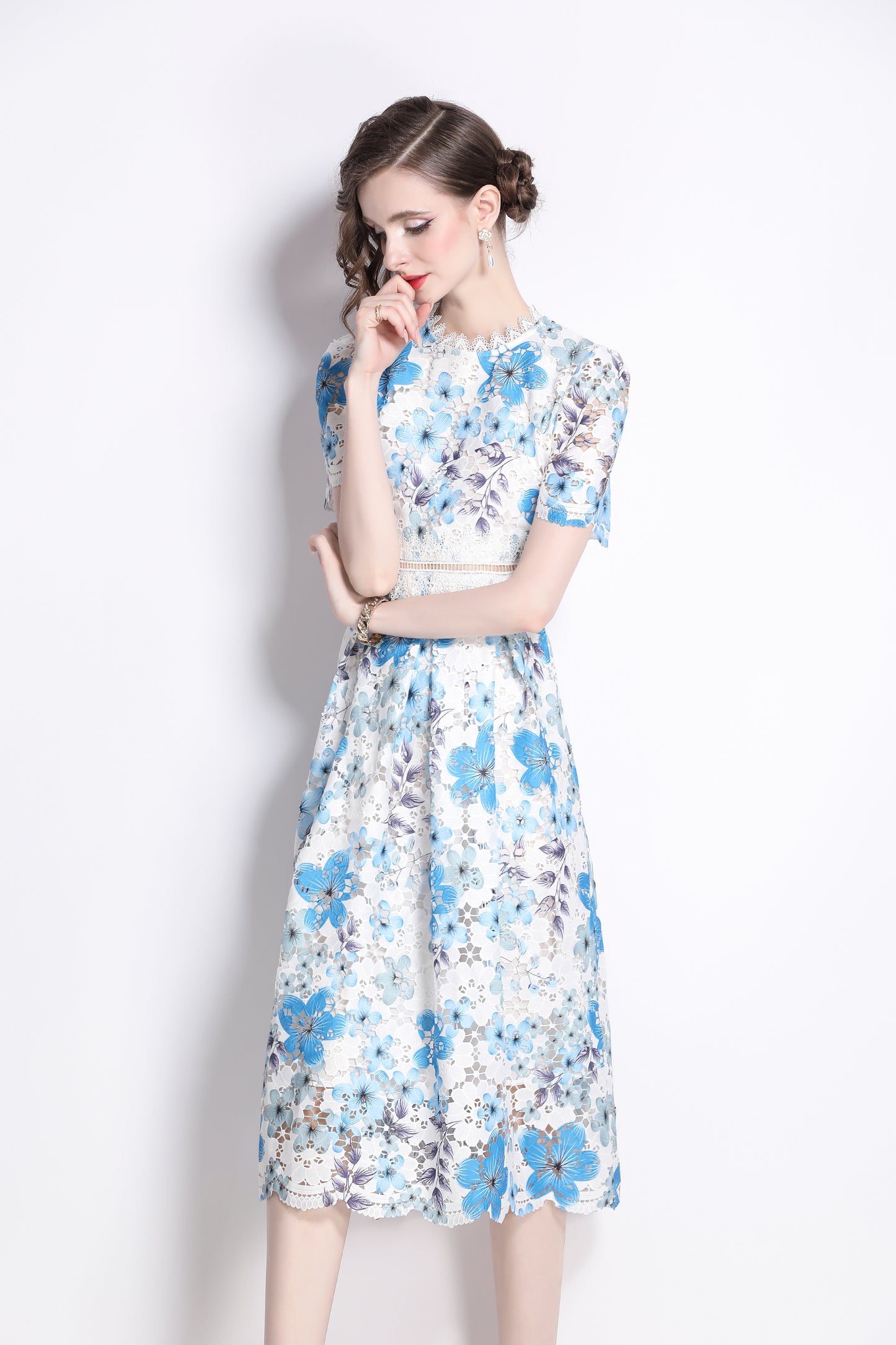 Women's Lace Floral Crochet Waist Midi Dress