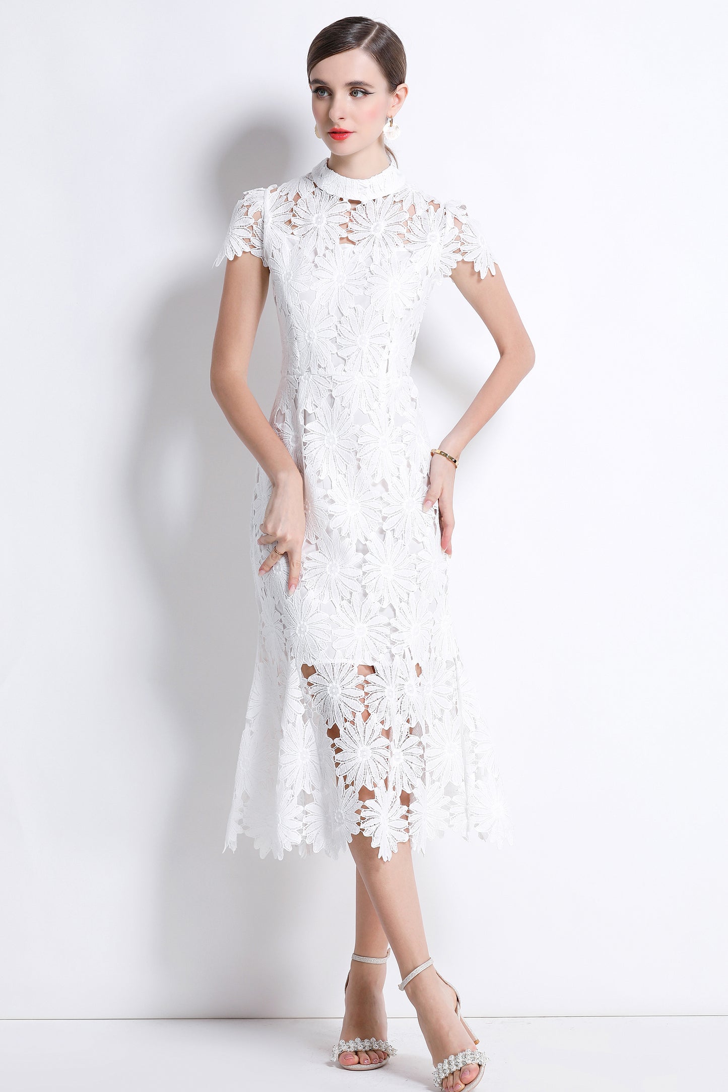 Women Hollow Out Lace Floral Fishtail Midi Dress