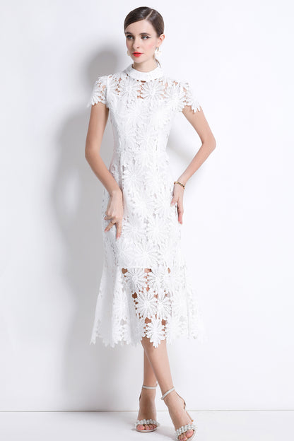 Women Hollow Out Lace Floral Fishtail Midi Dress